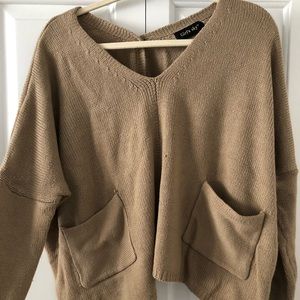 Tan Cropped Sweater with Button Detailed Back